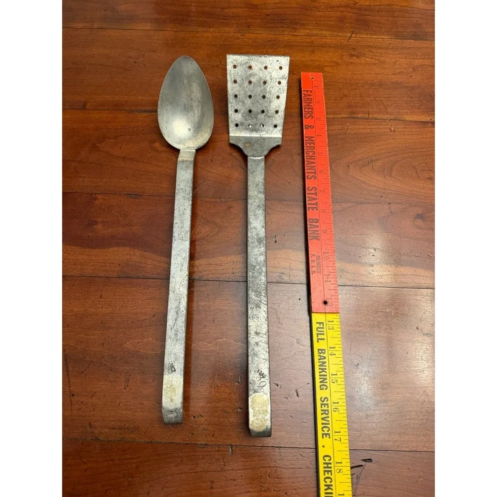 Vintage French Heavy Duty Aluminum Serving Spoon & Perforated Spatula Set of 2